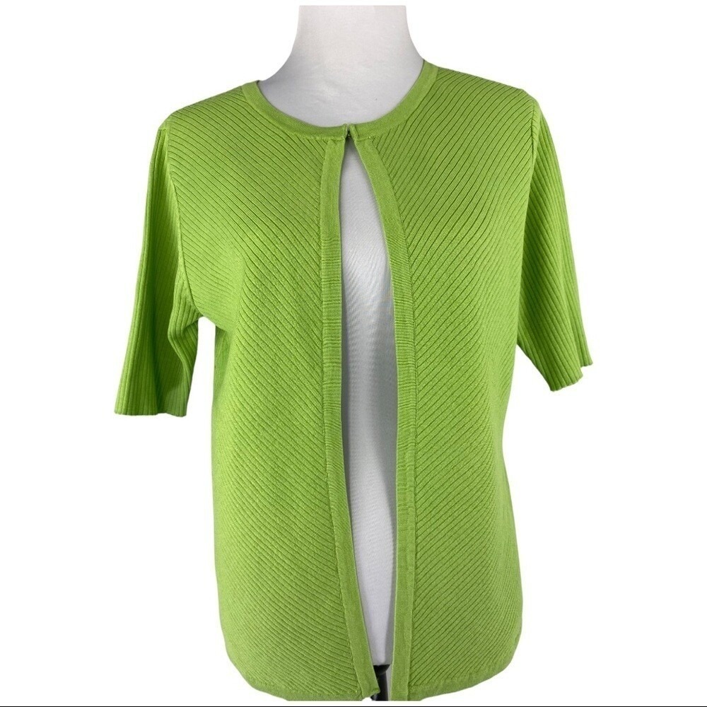 Tahari Arthur S Levine Bermuda Cardigan Olive Green Silk Blend Ribbed Medium NEW